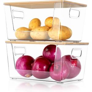 2 Set Pantry Organizer and Storage, Stackable Trash Bag Dispenser Clear Acrylic Kitchen Counter Pantry Baskets for Potato, Onion, Produce, Fruit, Vegetable, Snack, Trash Bag Holder with Bamboo Lid