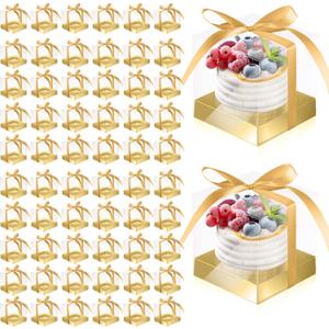 Gerrii 100 Pcs Clear Plastic Individual Cupcake Boxes 3.5" Single Cupcake Containers Transparent Ornament Gift Box with Inserts and Ribbon for Wedding Baby Shower Party Favor(Gold)