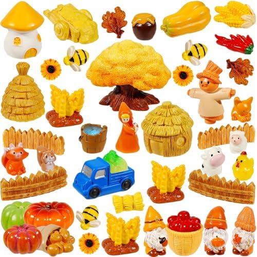30 Pcs Thanksgiving Mini Resin Figurines Autumn Tiny Farm Pumpkins Scarecrow Miniature to Hide Fall Fairy Garden Accessories for DIY Autumn Harvest Craft Cake Decorations