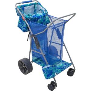 Tommy Bahama Wonder Wheeler Deluxe Folding Beach Cart, Portable Caddy for Towels and Beach Accessories, Stores 48-Quart Cooler & 4 Chairs, Blue
