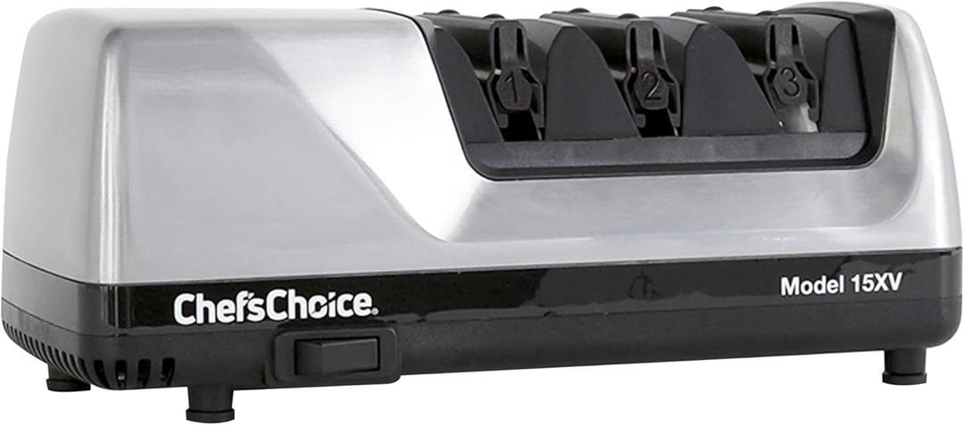 Chef'sChoice 15XV Professional Electric Knife Sharpener with Durable Metal Housing & 100-Percent Diamond Abrasives and Precision Angle Guides for Straight Edge and Serrated Knives, 3-Stage, Metallic