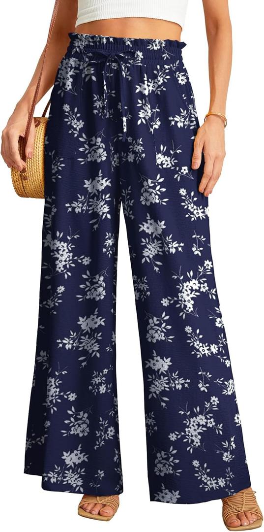 JINKESI Women Wide Leg Pants High Waist Loose Flowy Adjustable Tie Knot Trousers Business Casual Pants with Pockets (Small, 22-blue Small Flower)