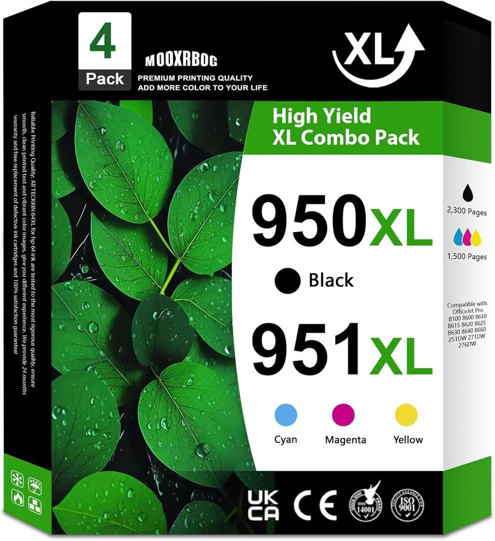 950XL 951XL Ink Cartridges High Yield (4-Pack, BK/C/M/Y) Compatible for HP 950 951 Ink Cartridges Combo Pack Replacement for OfficeJet Pro 8600 8610 8615 8620 8100 8630 8660 8640 276DW 251DW Printer