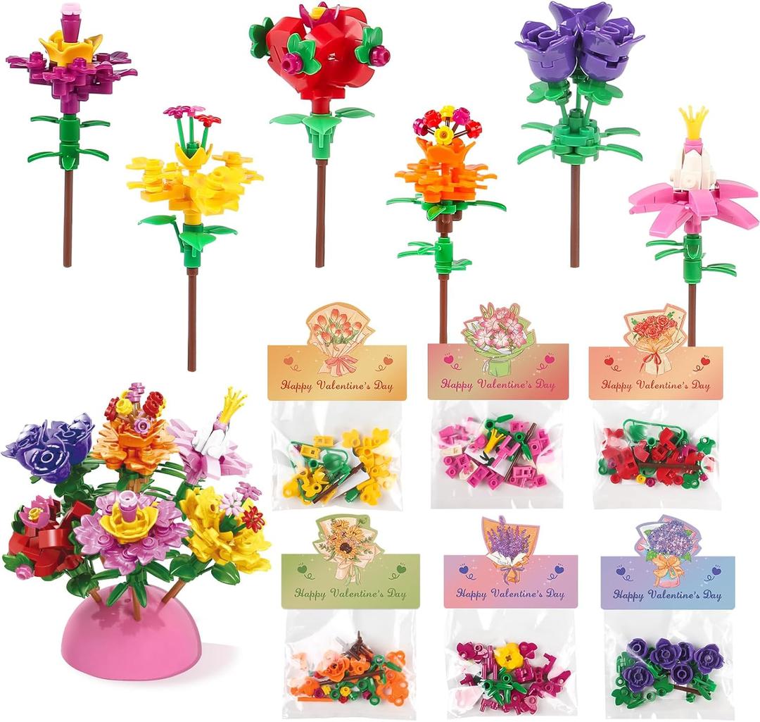 24 Pack Prefilled Valentine's Flower Bouquets Building Blocks - Ideal for Kids Classroom Exchange, Party Favors, and School Gifts,Valentine Party Favor, Valentine's Greeting Cards.
