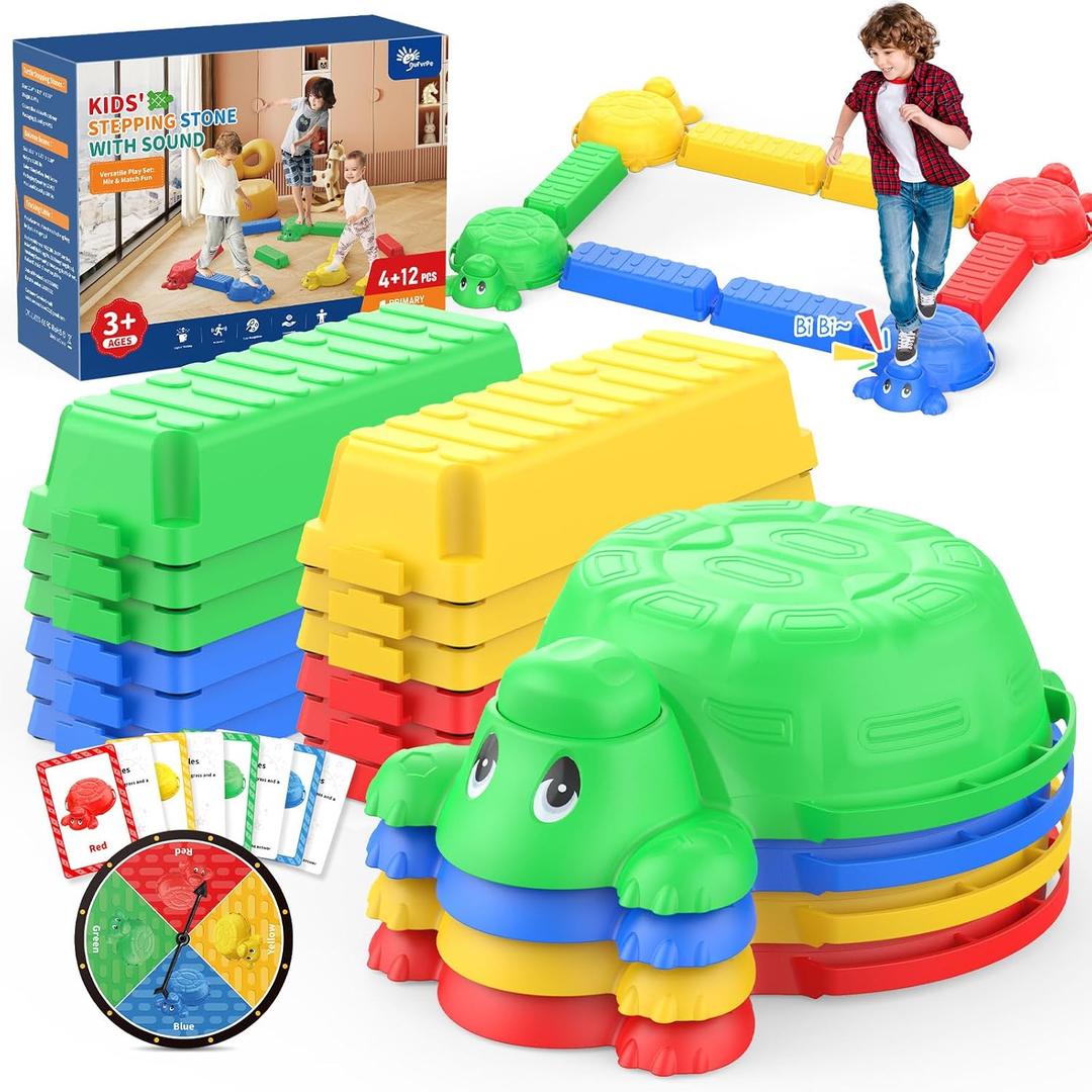 16 Pcs Balance Beam and Stepping Stones for Kids - 4 Turtle Shape Stepping Stones and 12 Connectable Beams with Sound Feature,Color Spinner, Riddle Cards, Fun Balance Training and Obstacle Course, Medium to Large