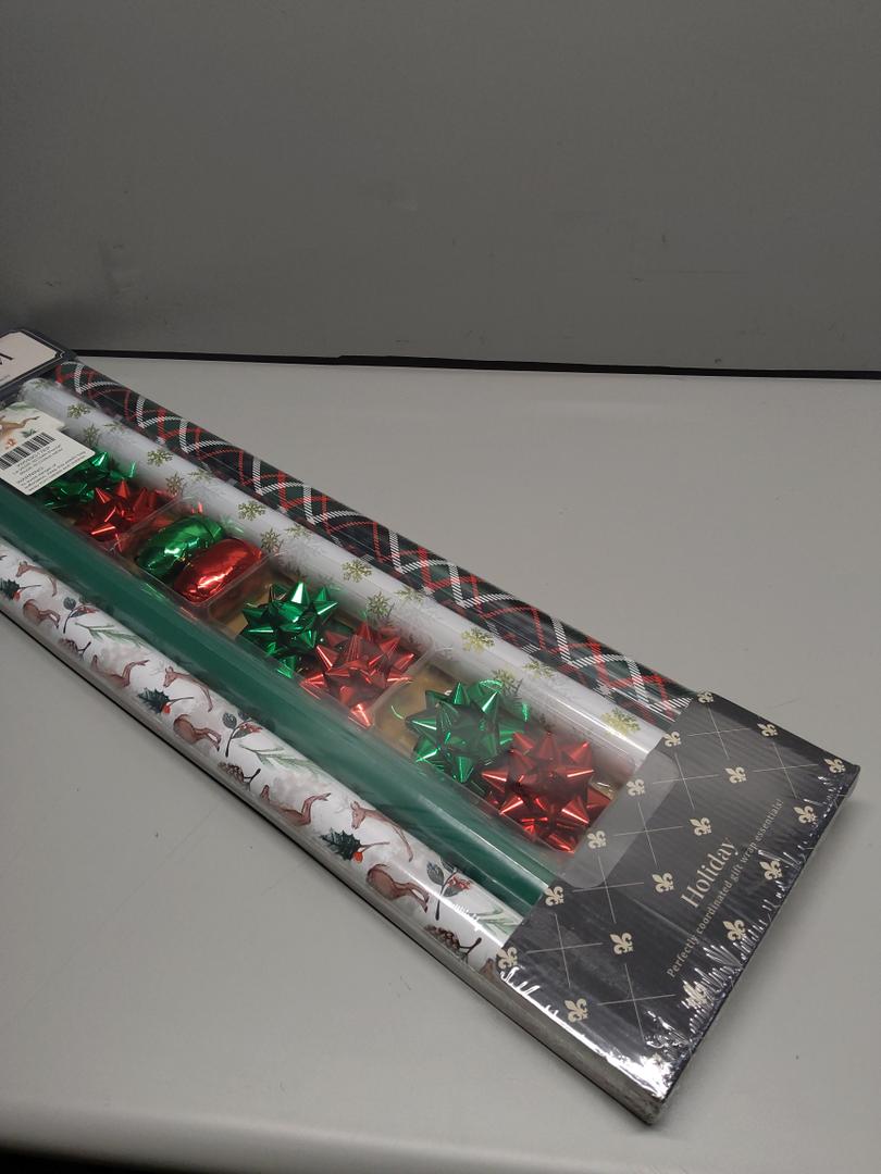 LaRibbons Christmas Wrapping Paper Set, Reindeer & Snowflake Design with Gift Bow & Ribbons & Tags, Perfect for Holiday, Party, Xmas Celebration,30 Inch X 10 Feet (4Rolls, 100 sq.ft.ttl.)