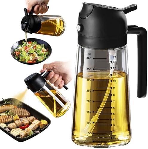 TrendPlain 16oz/470ml Glass Olive Oil Sprayer for Cooking – 2 in 1 Olive Oil Dispenser Bottle for Kitchen Gadgets and Air Fryer Accessories, Salad, BBQ - Black