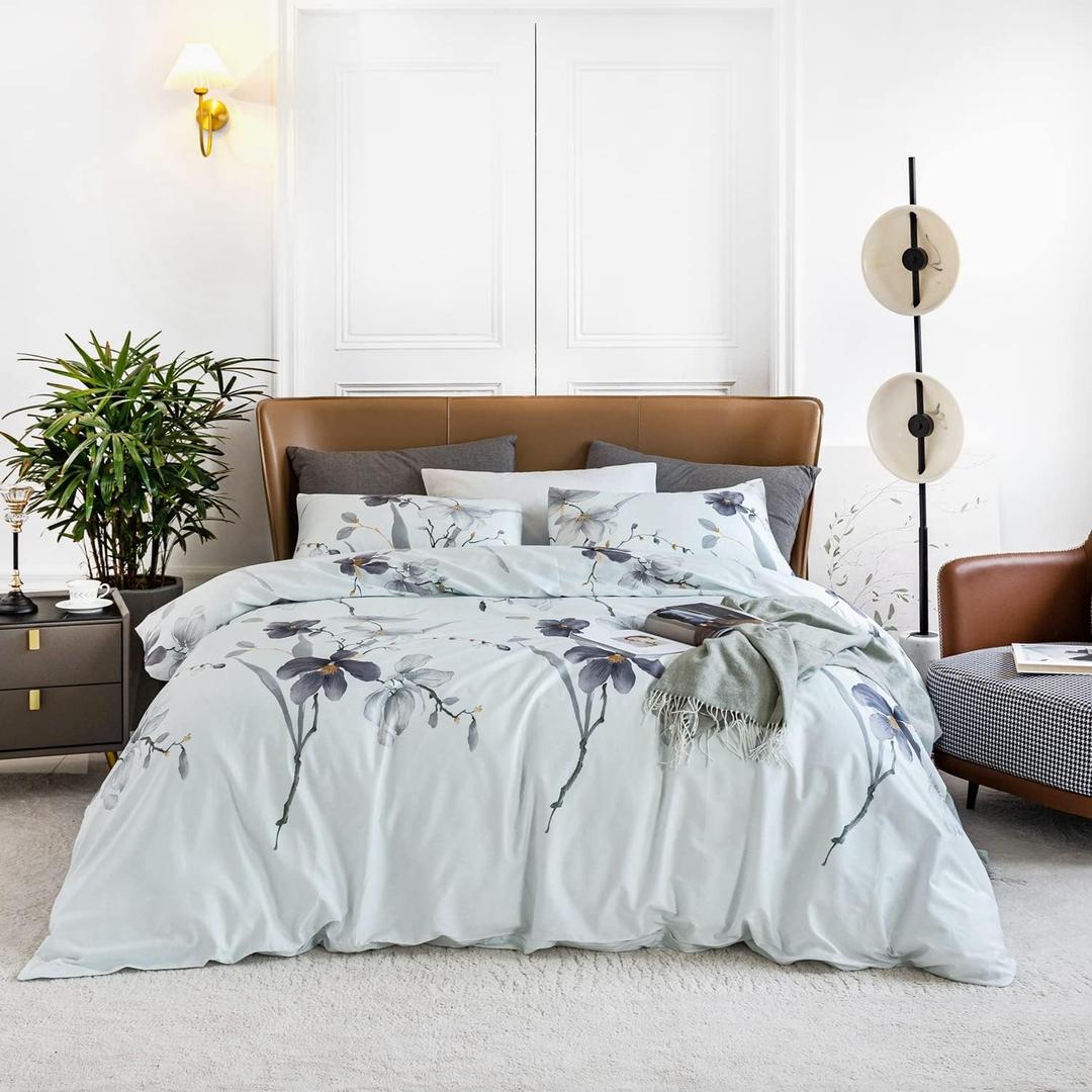 YuHeGuoJi Grey Floral Duvet Cover King 100% Egyptian Cotton 3 Pcs Set 1 Light Blue Botanical Duvet Cover with Zipper Ties 2 Pillowcases Garden Gray Plant Flower Bedding Set Soft