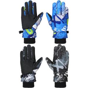 Honoson 2 Pairs Kids Snow Gloves Winter Waterproof Kids Ski Gloves Youth for Girls Boys Outdoor Toddler Snowboard Warm Clothe (2-4 Years, Retro Pattern)