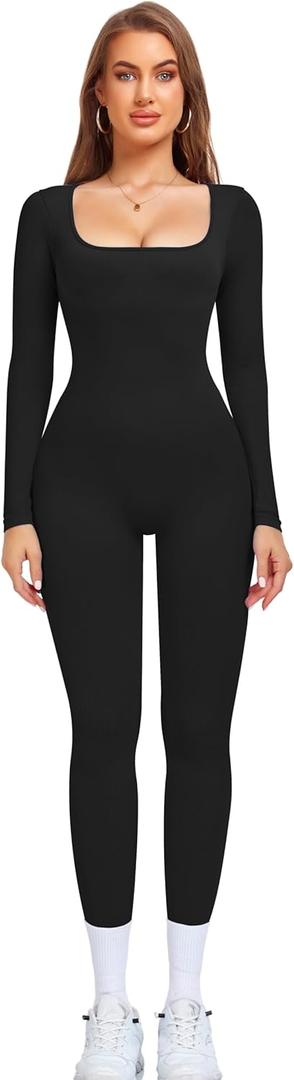 OLCHEE Womens Long Sleeve Workout Jumpsuit Square Neck Ribbed Seamless Yoga Romper Sexy Bodycon Tummy Control Unitard Onesie (Large, Leggings: Black)