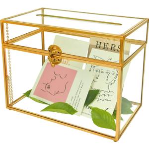 Gold Glass Card Holder - Rectangle Shape Wedding Envelope Box with Slot and Foot, Perfect for Reception and Party Centerpiece
