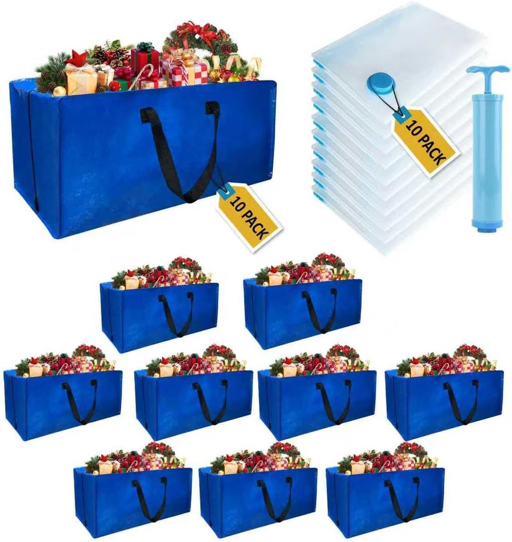 10 Pack Heavy Duty Extra Large Moving Bags with Backpack Straps & Vacuum Storage Bags, Moving Totes with Handles for Space Saving, Christmas Storage Bags for Wreaths, Garlands, Decoration & Ornaments