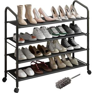 Metal Shoe Rack with Wheels, Non-Woven Fabric Shoe Shelf, Shoe Rack with Wheels, 4 Tiers Black, Suitable for Entryway, Garage