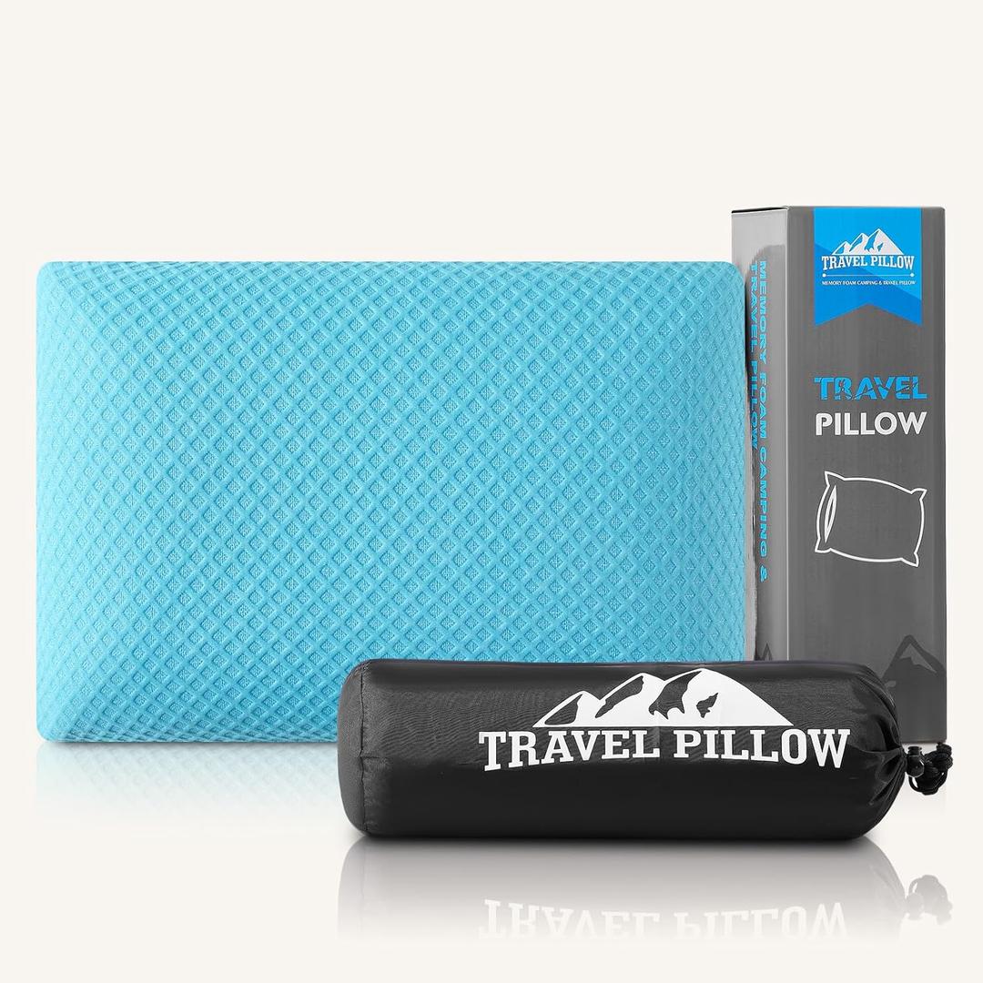 Travel Pillow Memory Foam Pillows, Camping Pillow-Compressible Medium Firm, Breathable Cover, Ideal Backpacking Hiking, Bed Pillows, Airplane and Car (Light Blue, M) (M-17.7*11.8in)