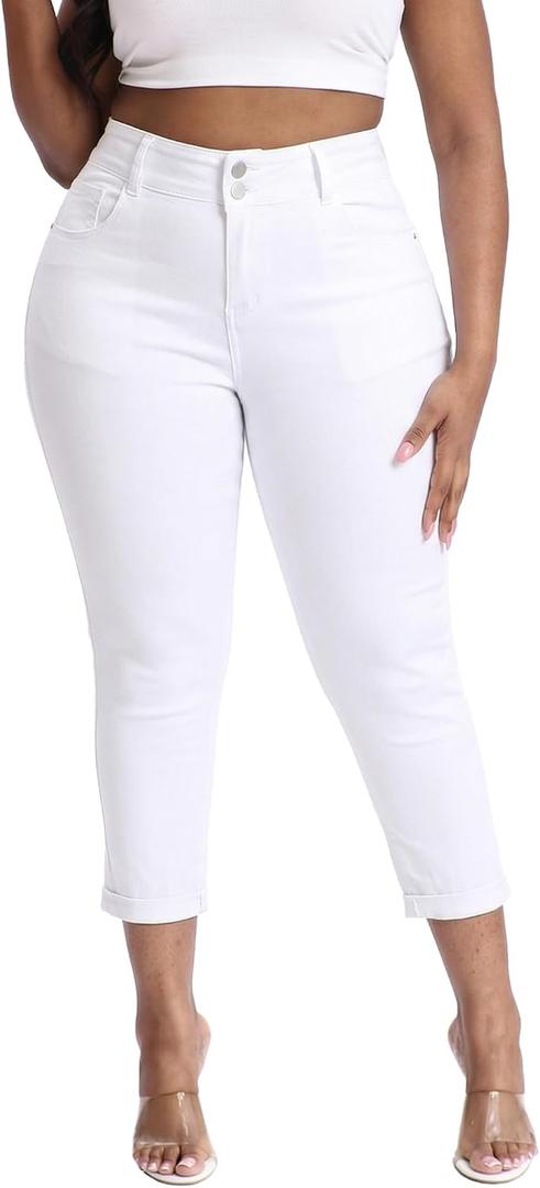 Gocolloa Womens Plus Size Capri Jeans Stretchy High Waisted Skinny Cropped Denim Capris Pants White 24W