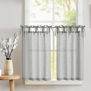 JINCHAN Tie Top Linen Kitchen Curtains 24 Inch Striped Tier Curtains Farmhouse Modern Cafe Style Small Window Treatments Airy Light Filtering Rod Pocket for Living Room Bathroom 2 Panels, Charcoal Grey