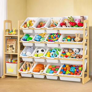 Kids Toy Storage Organizer with Bookshelf Wooden Shelf with 16 Bins & 3 Shelves, Quick Assembly Storage Rack for Playroom, Bedroom, Nursery - White