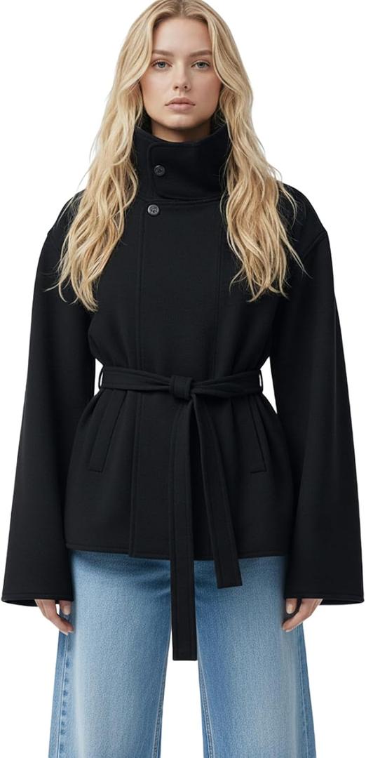 Women Cropped Trench Coat Funnel Neck Wool Jackets Oversized Belted Pea Coats Fall Winter Trendy Casual Outfits 2025 (Small, Black)