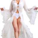 ohyeah Plus Size Lingerie Tulle Robe Sheer Fancy Robe for Women Bridal Lingerie Wedding Scarf Nightgown (8-10, White)