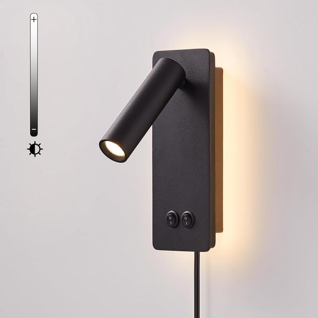 Wall Mounted Reading Light for Books in Bed, Bedside Wall Lamps with 3 Dimming, 350Rotation Plug in Wall Sconce, Upgrade Headboard Bedside Lamp for Bedroom Living Room (Black) (1 Pack)