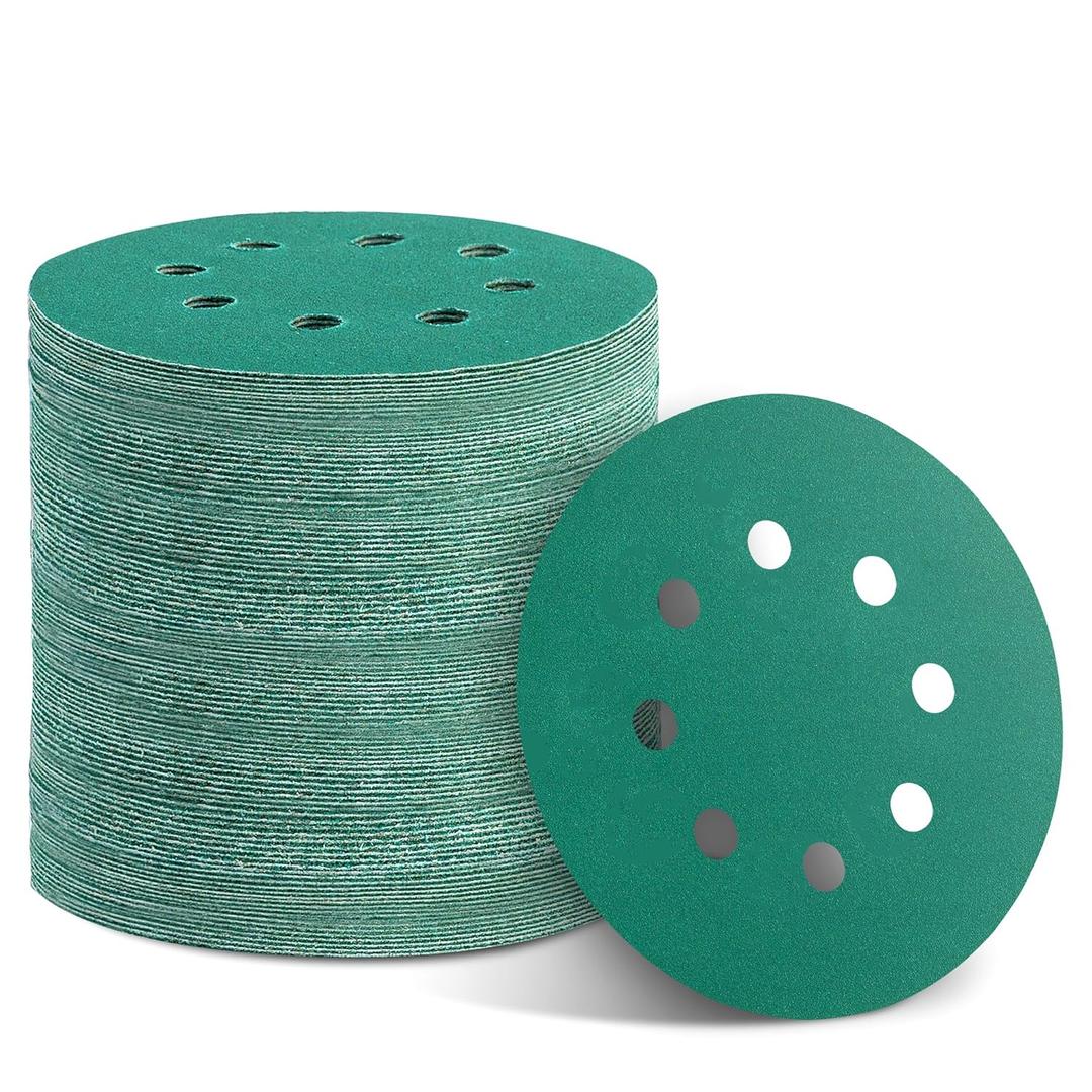 Green Sanding Discs Set, 5-Inch 8-Hole Sandpaper (320 Grit 100pcs)