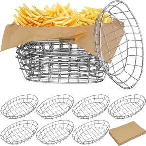 Hushee 12 Pcs Wire Bread Basket Bulk 9.5x6.2x2.2 Inch Oval Metal Dinner Roll Baskets for table Serving Fruit Bowl with 50 Deli Wrapper Paper for Restaurant Kitchen Fast Food (Silver)