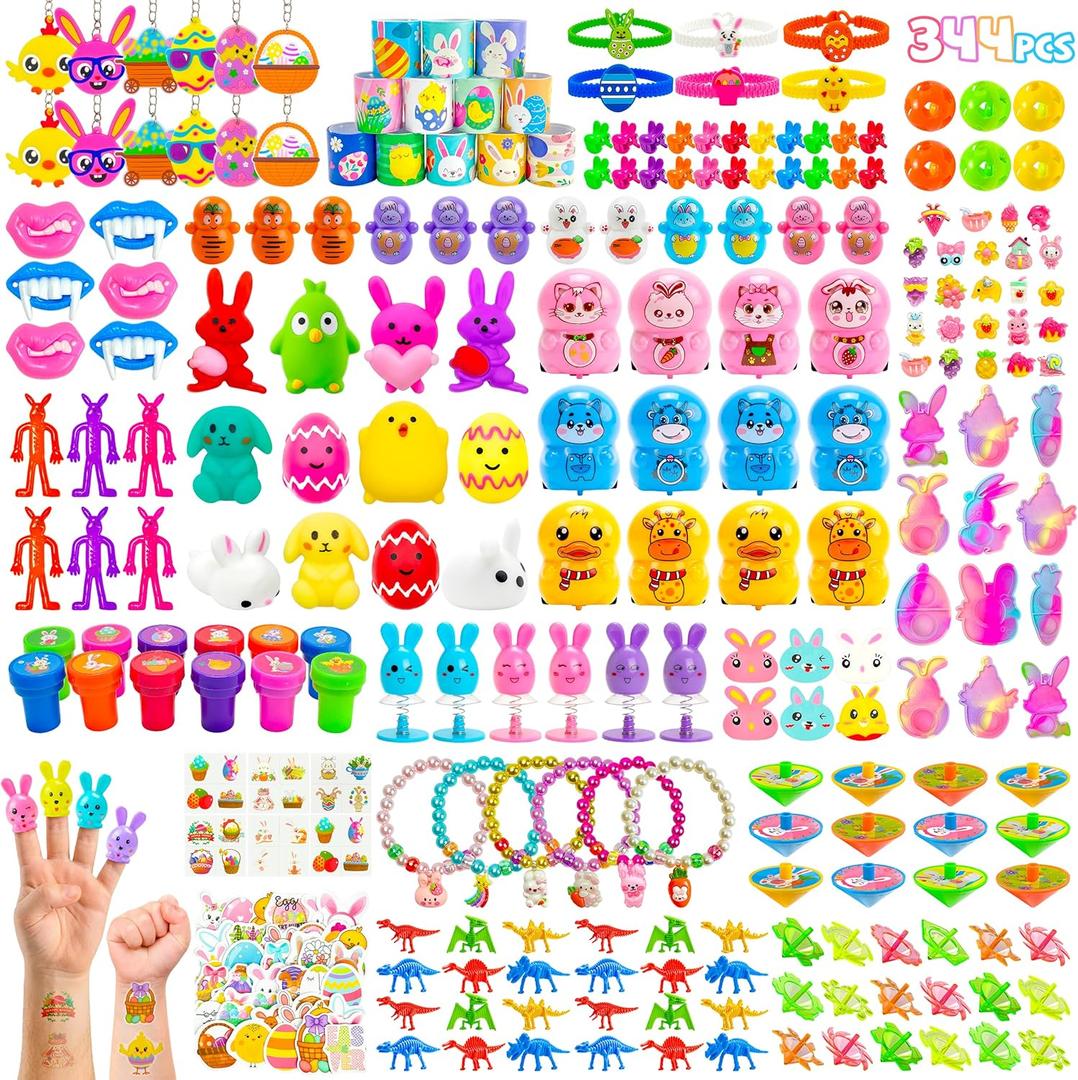LINAYE 344 PCS Easter Eggs Fillers Stuffers for Kids, Easter Egg Hunt Toys Fillers Party Favors Gifts Goodie Treat Basket Stuffers Bulk Treasure Box Toys Classroom Prize for Kids