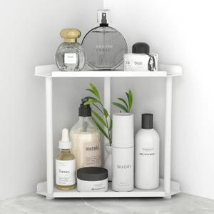 FLE Corner Bathroom Counter Organizer, Bathroom Organizer Countertop,Countertop Storage Shelf for Bath, Kitchen, Living Room, Bedroom (2 Tier Corner, White)