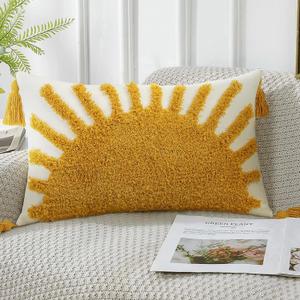 Adabana Decorative Boho Throw Pillow Covers 12x20, Lumbar Tufted Pillows Cover for Couch Bed, Sun Sunshine Pillow Cover for Kids (Yellow and White)
