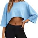Fisoew Womens Summer Cropped Tops Casual Short Sleeve Drop Shoulder Loose Fit Lightweight Crop Workout T Shirts, small