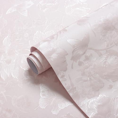 Erfoni 118"x15.7" Pink Wall Paper Embossed Floral Peel and Stick Wallpaper Light Pink Flower Textured Embossed Contact Paper DIY Removable Self Adhesive Wallpaper for Countertop Cabinets Decor