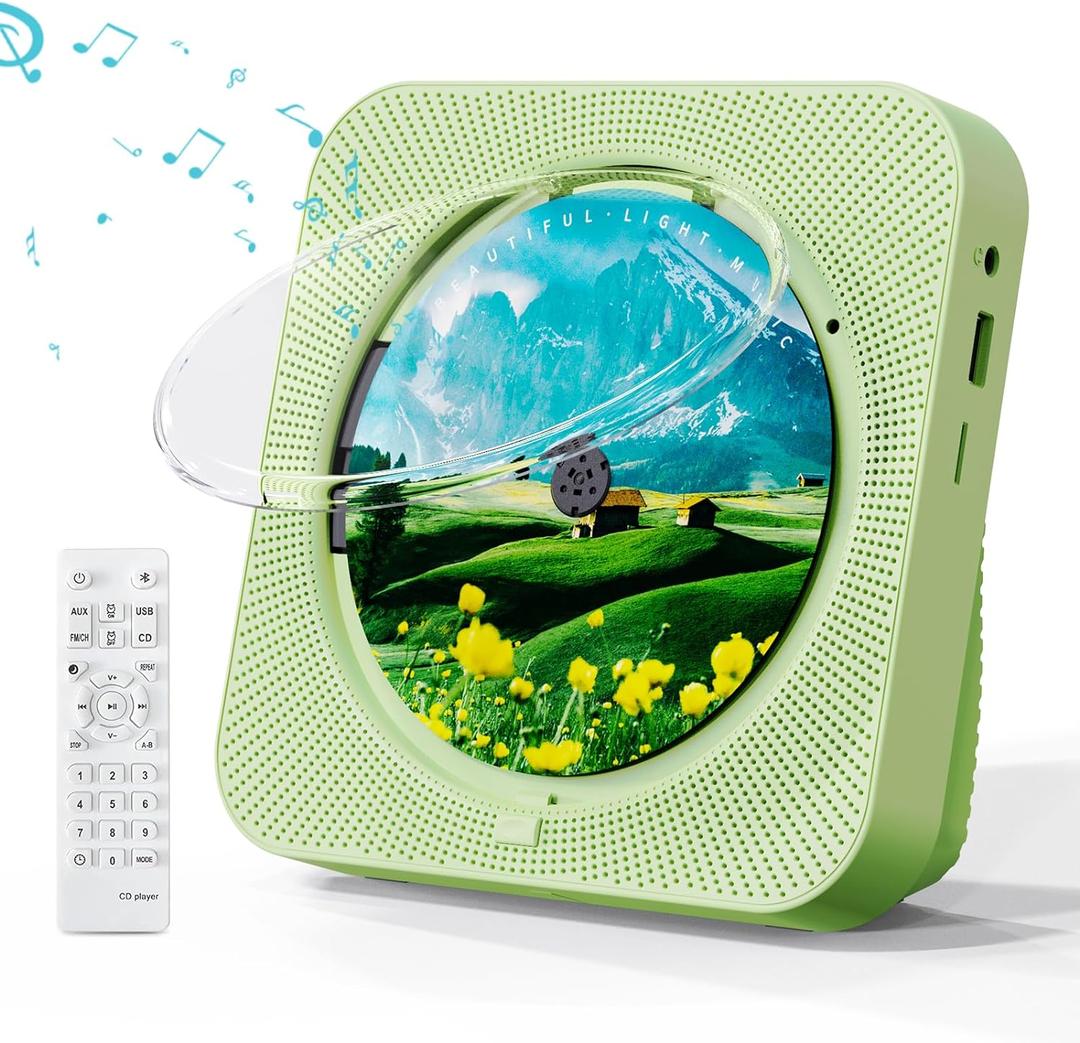 Portable CD Player with Bluetooth Desktop CD Player for Home CD Music Players with Remote Control,Timer,Built-in Dual Speakers with LED Display Home Audio Boombox FM Radio (Green)