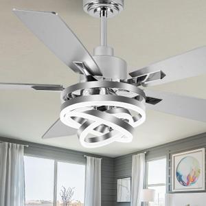 52" Silver Chrome Ceiling Fan with 3 Adjustable Rings for DIY Shape 3‑Color Dimmable,5 Double‑Sided Blades,Quiet Reversible DC Motor,Timing,Sloped Ceiling Compatible Modern Fandelier, Chrome-52 Inch-MD-DC2062-C