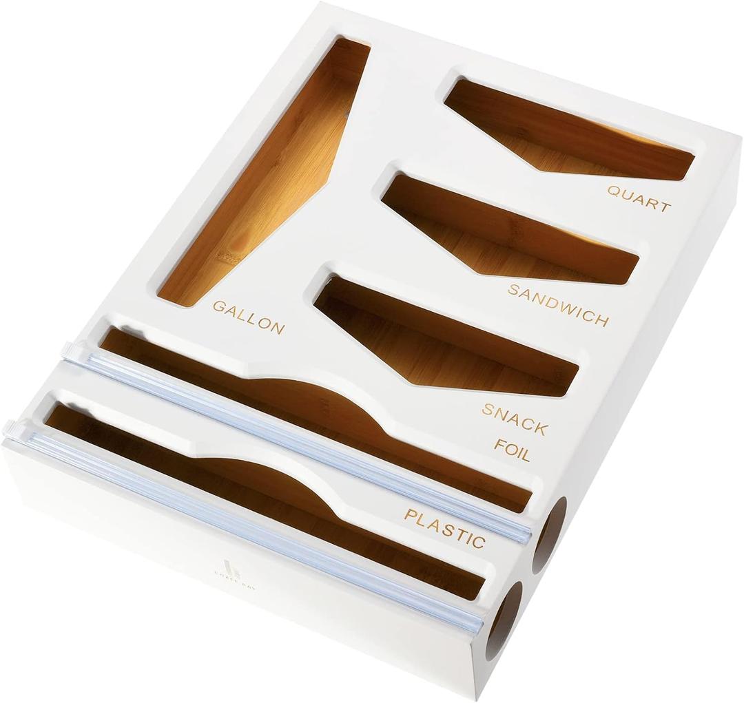 Cozee Bay Bamboo Food Bag Organizer with Foil and Plastic Wrap Organizer, Kitchen Drawer Organizer, Wrap Dispenser with Cutter, for Gallon, Quart, Sandwich, Snack Bags and 12" Roll (White)