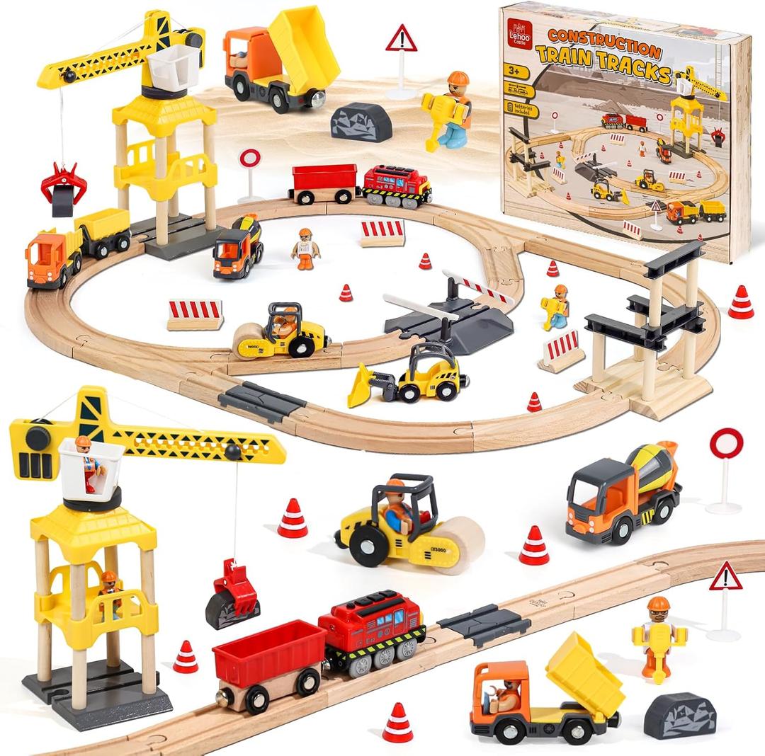 Lehoo Castle Wooden Train Set, Construction Toys Train Set for Toddlers 2-4, Wooden Train Track for Kids w/Crane, Railway Playset Toys for 3 Year Old Boys Girls