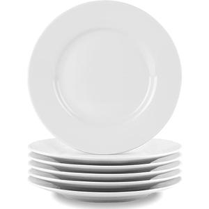 Bestone 6-Piece Porcelain Salad Plates, 8 Inch, Classic Round and White with Wide Rim, Dishwasher, Microwave, Freezer, Oven Safe, BPA-Free for Everyday Use