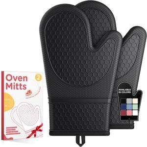 Kitsure Silicone Oven Mitts, Set of 2, Heat Resistant, Oven Gloves with Soft Lining, Non-Slip Kitchen Essentials, Kitchen Gadgets, Apartment Essentials, Great Gift for Cooking, Baking, Black (11.42"x7.09")