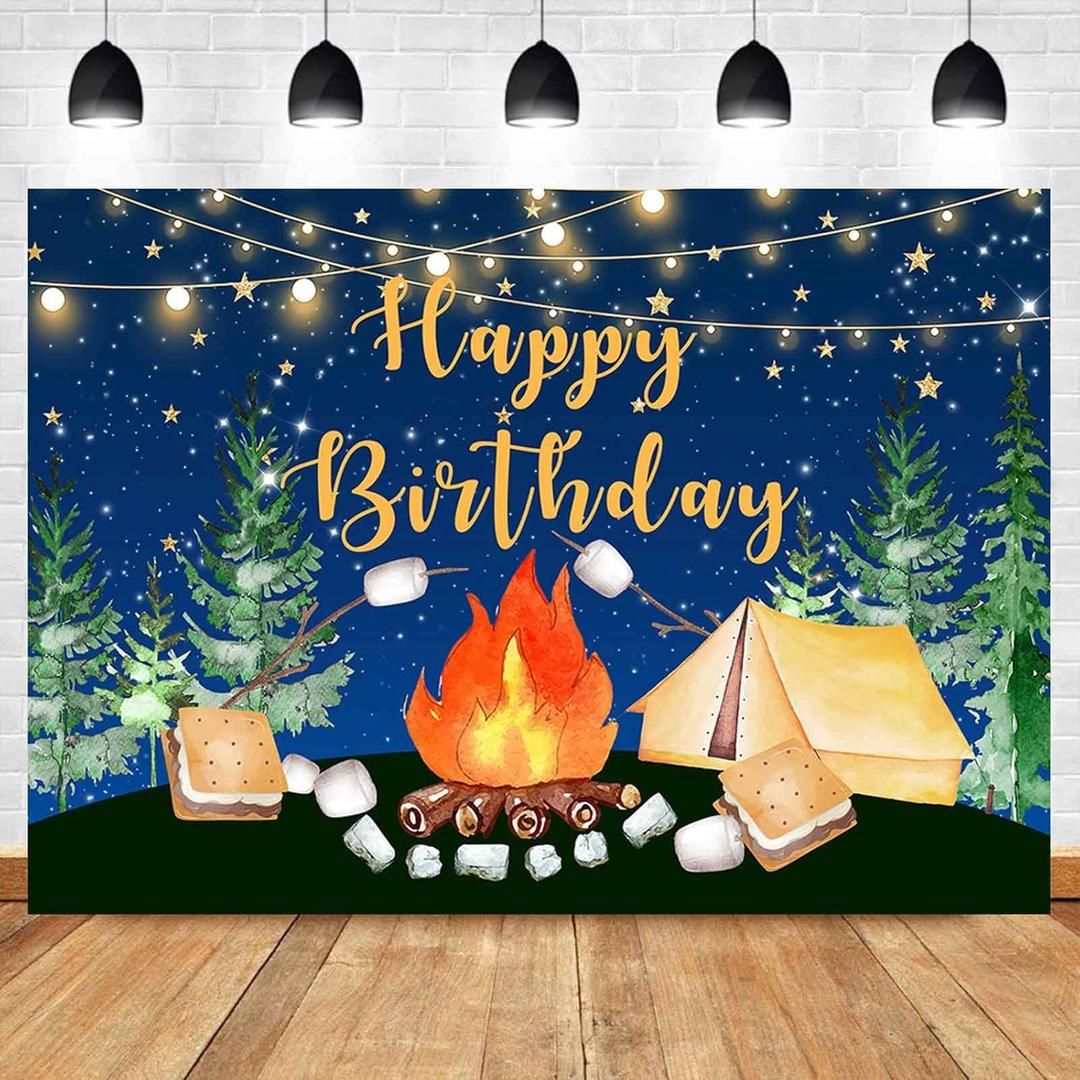 Sensfun Camping Birthday Backdrop Campfire Happy Camper Birthday Decorations Forest S'Mores Camping Adventure Birthday Party Photography Background Vinyl Cake Table Banner Supplies 7x5ft Multi
