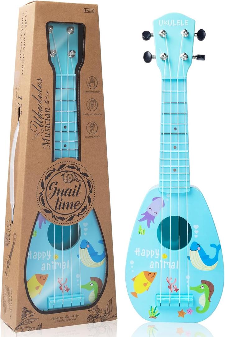 YOLOPLUS+ 17 Inch Kids Ukulele Guitar Toy 4 Strings Mini Children Musical Instruments Educational Learning Toy for Toddler Beginner Keep Tone Anti-Impact Can Play with Picks/Strap/Primary Tutorial (Blue)