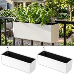 LaLaGreen Balcony Flower Boxes Over the Rail (16 Inch, 2 Pack) White Rectangular Self-Watering Railing Planters with Metal Brackets, Plastic Window Box for Outdoor Plants Herbs Deck Fence Garden