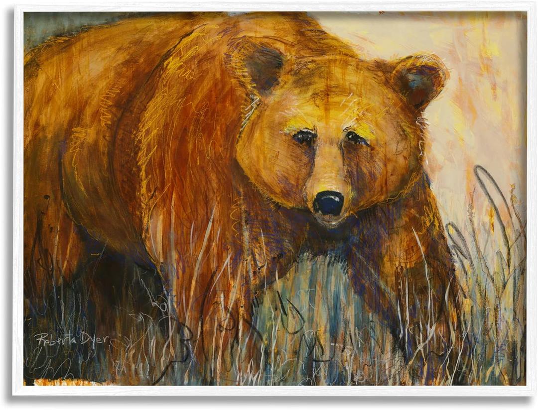 Stupell Industries Modern Bear Wildlife Scene Framed Wall Art, Design by Roberta Dyer (30L" x 24W", White Framed)