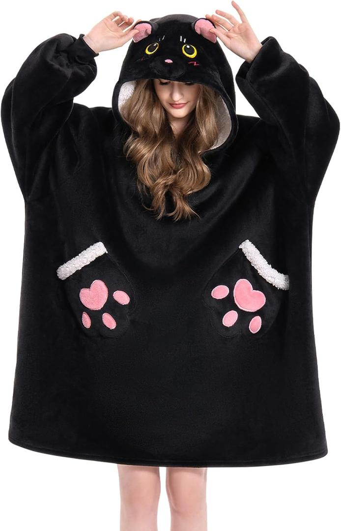 OLAOLA Wearable Blanket Hoodie for Adults - Oversized Animal Hooded Blanket - Soft Warm Cozy Sherpa Fleece Sweatshirt (Adult-black Cat)