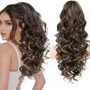 REECHO Ponytail Extension, 24" Claw Clip in Ponytail Extensions Long Curly Wavy Jaw Clip on Pony Tails Hairpiece for Women, Dark Brown with Highlights