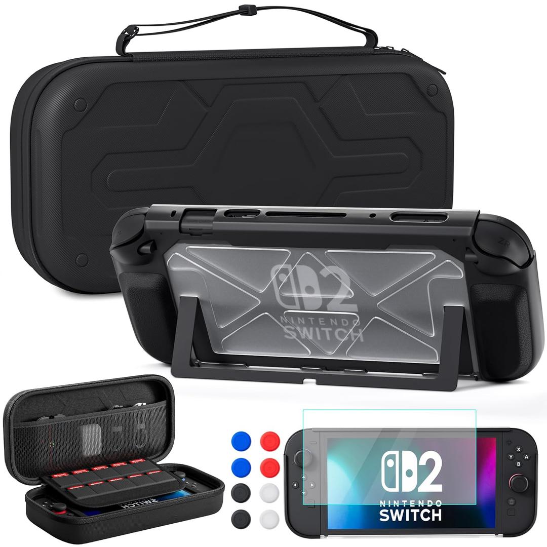 RHOTALL Carrying Case for Nintendo Switch 2 2025, Portable Protective Travel Case with 10 Game Cartridge Slot, Blade Series Shell Cover Accessories for Switch 2 7.9 Inch,Screen Protector, 8 Thumb Caps (black)