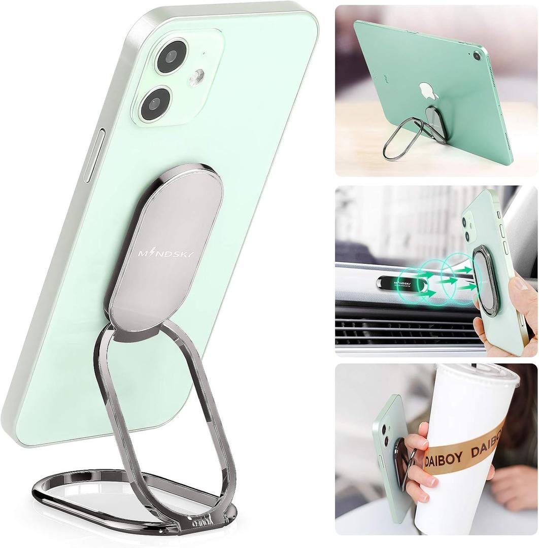 Phone Ring Holder Finger Kickstand 360°Rotation Cellphone Back Grip Foldable Cell Phone Stand for Desk Compatible with iPhone iPad Smartphones Tablets (with Universal Magnetic Car Mount)