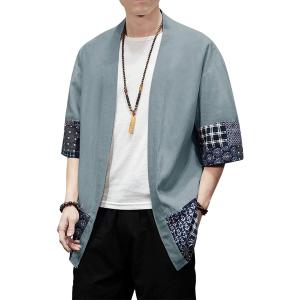 PRIJOUHE Men's Kimono Jackets Cardigan Lightweight Casual Cotton Blends Linen Seven Sleeves Open Front Coat Outwear (X-Large, 01-grey)