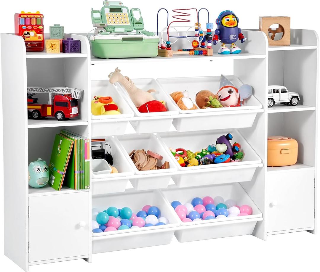 VEVOR Kids Toy Storage and Bookshelf, 4-Tier Large Toy Storage Organizer with 8 Flexible Plastic Bins, Kids Cubby Cabinet with Bookshelf for Study Room, Bedroom, Playroom, Classroom, Nursery, White