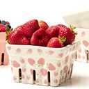 Farmhouse Ceramic Berry Basket, Colander, Strawberry Decor, Fruit Bowls/Baskets, Kawaii Kitchen bowl, Pink White and Cute Strawberry pattern Stoneware Harvest Square Bowls Set of 3