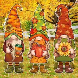 Umigy 3 Pcs Fall Yard Decor Cute Autumn Gnome Yard Sign with Stakes 32 x 10 Inch Gnome Outdoor Lawn Sign, Outside Fall Garden Decoration for Home Pathway Walkway(Harvest)