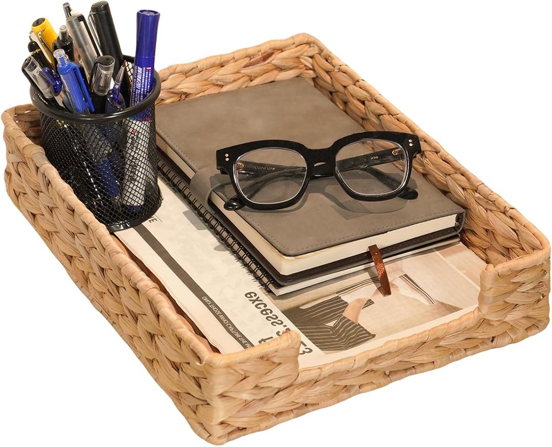 PINXIURY Water Hyacinth Letter Tray for A4 File Desk Mail Letter-Size Paper, Basket Woven Organizer, Magazine Files Storage, Office Document Organizer and Storage (Natural)